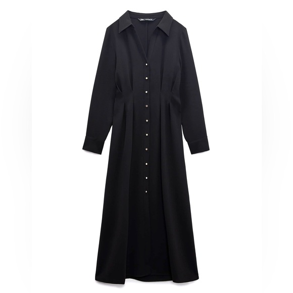 Zara Pleated Flowy Midi Shirt Dress With Golden Buttons - 8621/731 - Picture 4 of 10